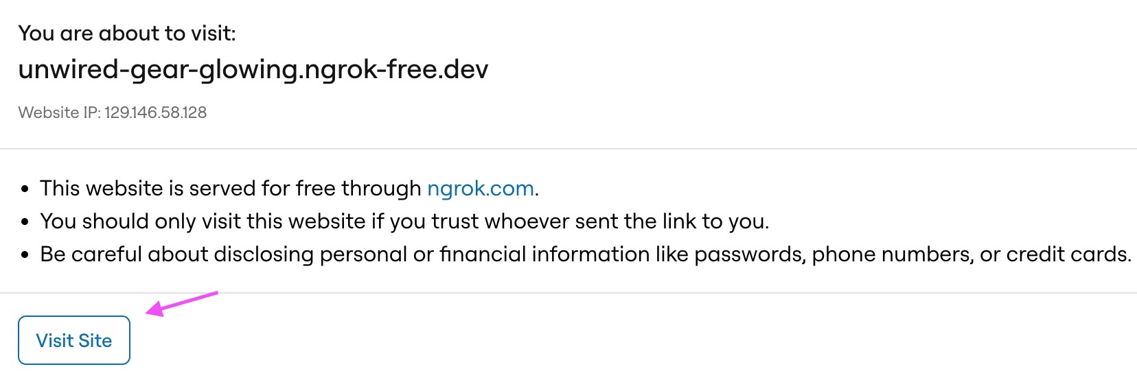 Browser ngrok warning screenshot showing the Visit Site button